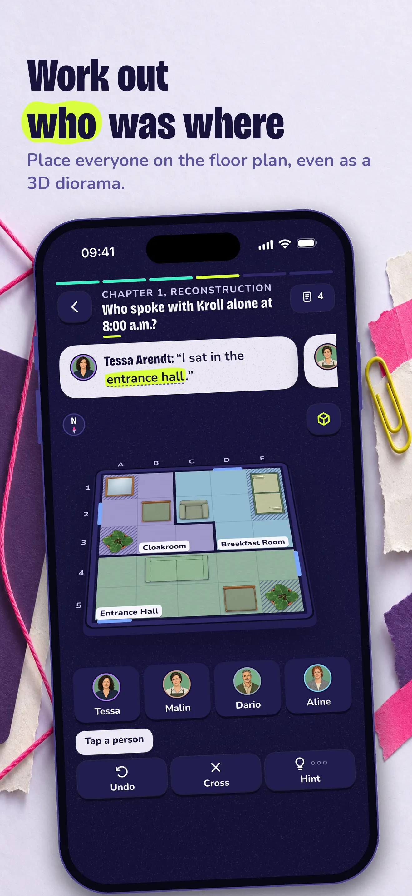 Sudocrime in the app: a floor plan with a cloakroom, breakfast room and entrance hall, furnished with armchairs, a sofa, a shelf and plants. Four suspects wait below to be placed.