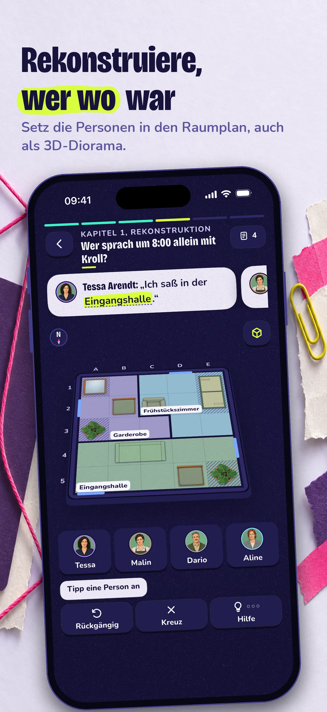 Sudocrime in der App: Ein Raumplan mit Garderobe, Frühstückszimmer und Eingangshalle, eingerichtet mit Sesseln, Sofa, Regal und Pflanzen. Darunter warten vier Verdächtige auf ihren Platz.