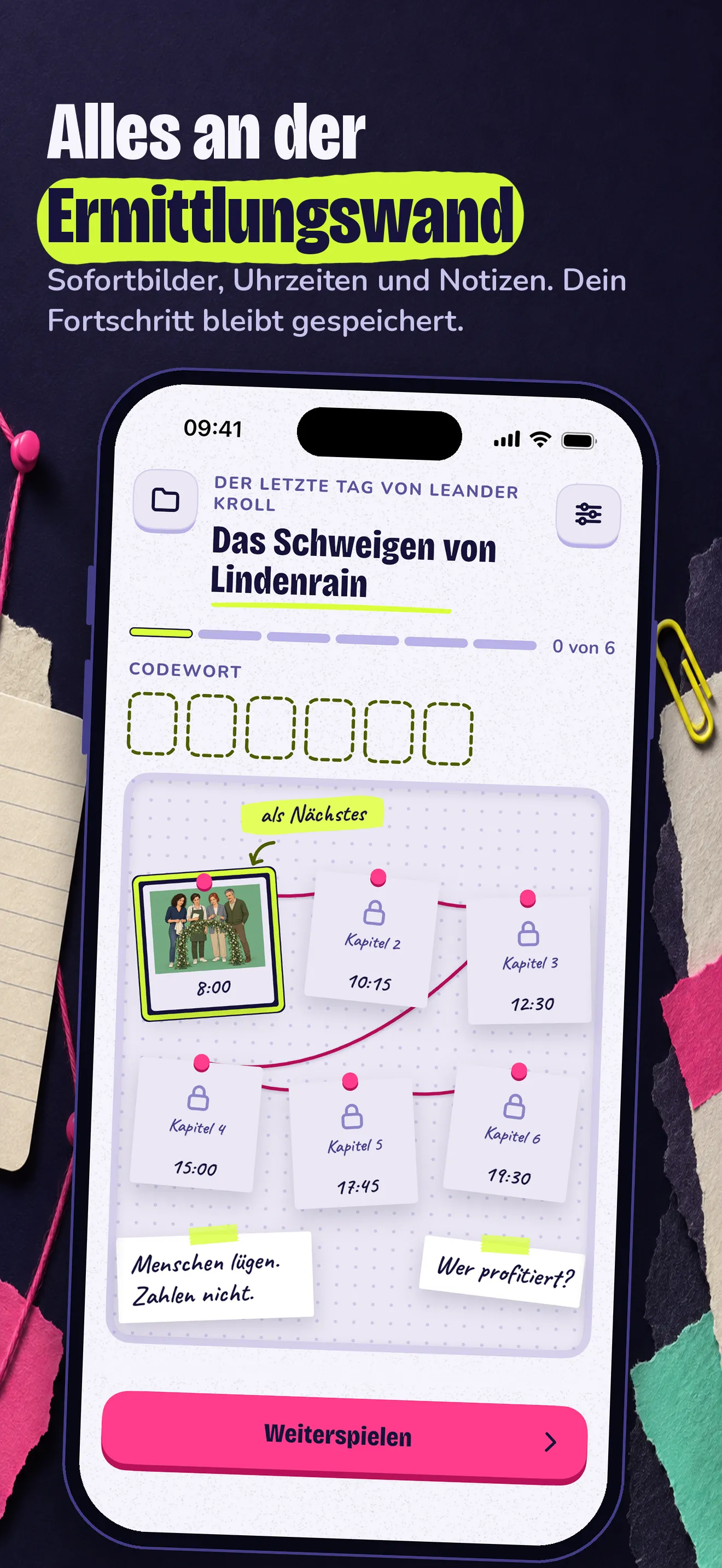 Ermittlungswand mit Sofortbildern und Uhrzeiten der Kapitel