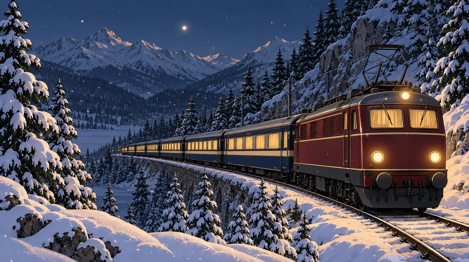 Titelbild von „Der Nachtzug nach Venedig“: Zug mit beleuchteten Fenstern in verschneiten Bergen bei Nacht
