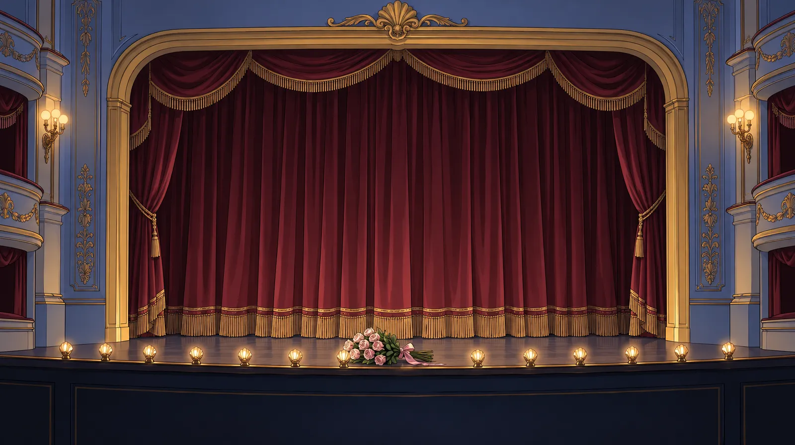 Titelbild von „Die Nachtigall vom Odeon“: Theaterbühne mit rotem Vorhang, Rampenlichtern und einem Rosenstrauß