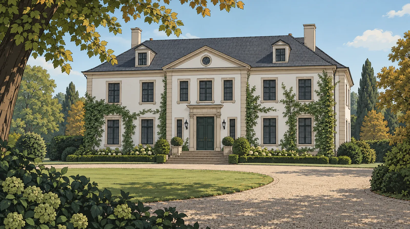 Titelbild von „Das Schweigen von Lindenrain“: Herrenhaus mit Kiesauffahrt im Herbst